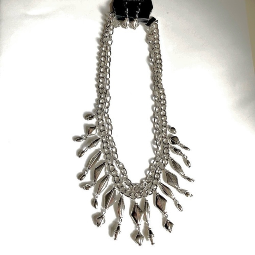 NWT Silver Beaded Tassel Statement Necklace